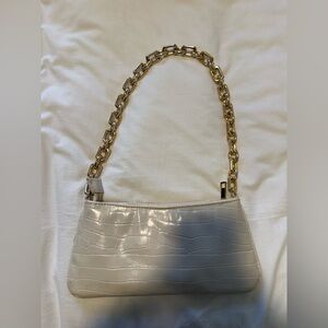 Zara Cream Croc-Embossed Shoulder Bag with Gold Chain